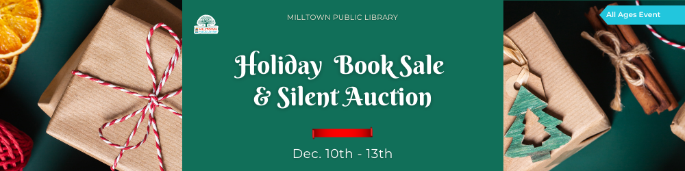 Holiday themed banner that says Holiday Book Sale & Silent Auction