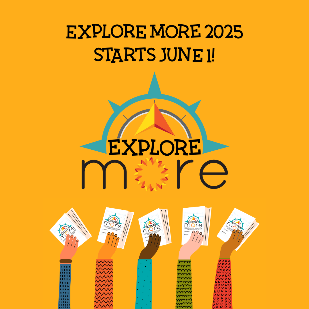 Graphic promoting "Explore More 2025," featuring hands holding flyers, with a compass design and text announcing the event starts June 1.