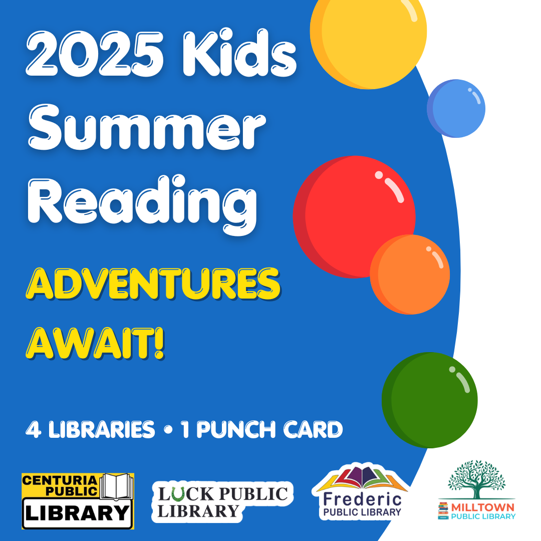 Summer Reading 2025 (Social Media) Colorful promotional graphic for the 2025 Kids Summer Reading program, featuring four libraries and vibrant bubbles.