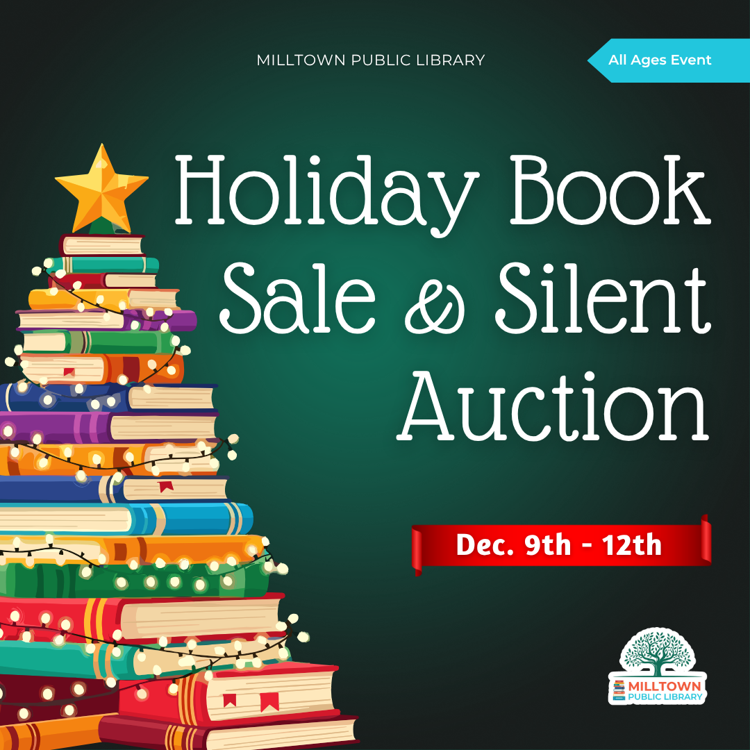 Promotional image for a Holiday Book Sale & Silent Auction at Milltown Public Library with a book Christmas tree and event details.