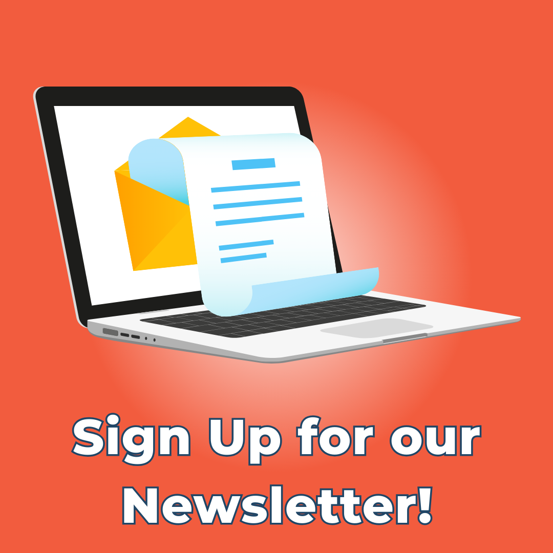 Laptop with an email icon and “Sign Up for our Newsletter!” text on an orange background.