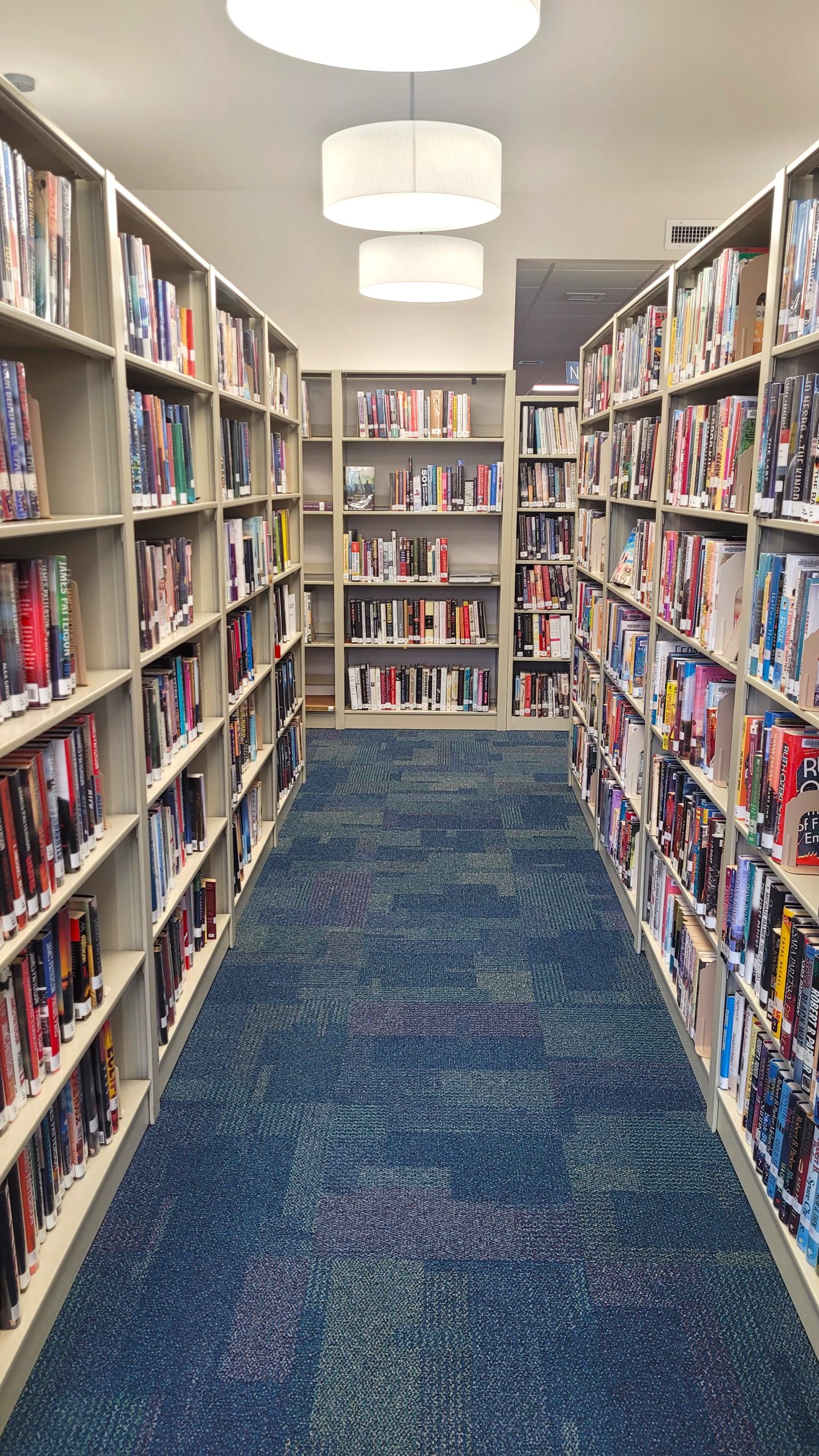 Library aisle with bookshelves and overhead lighting.