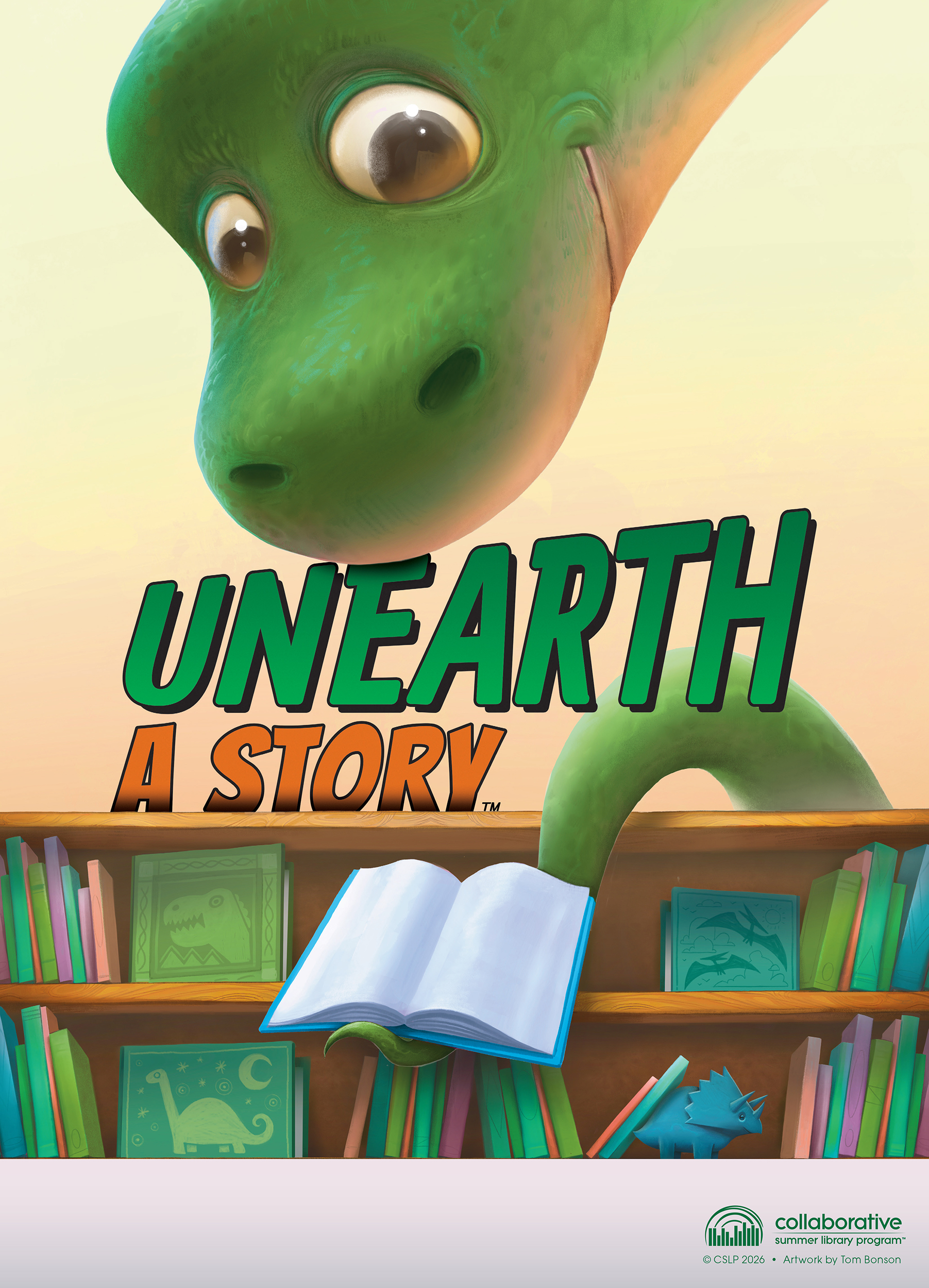 A curious green dinosaur looking over a bookshelf with text "UNEARTH A STORY" beneath.